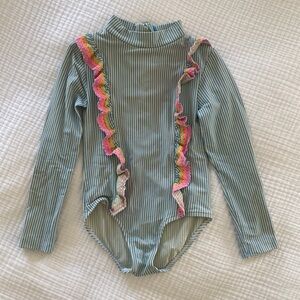 Mini boden size 4-5 blue and white stripe back zip swimsuit